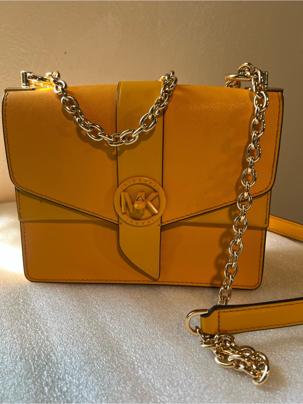 Michael Kors Yellow Leather MK Logo Chain Crossbody Bag